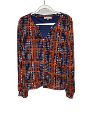 Rust Orange Navy Geometric Print Long Sleeve Blouse